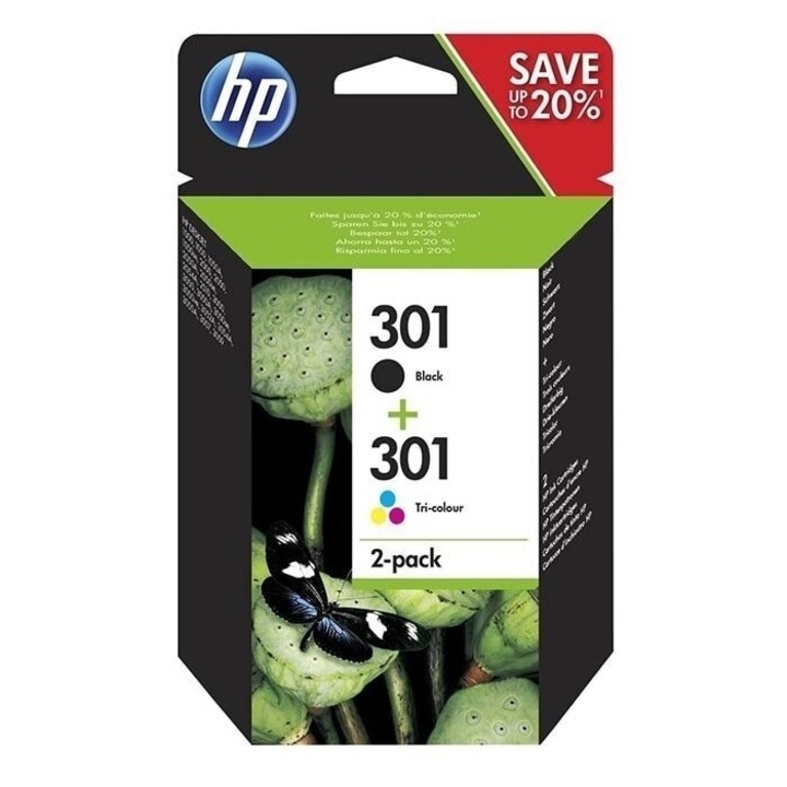 Комплект касети HP301 Value Pack NO.301, 1x черна, 1x многоцветна, 2 DURACELL AAA батерии, За HP DESKJET 2050/1050/3050