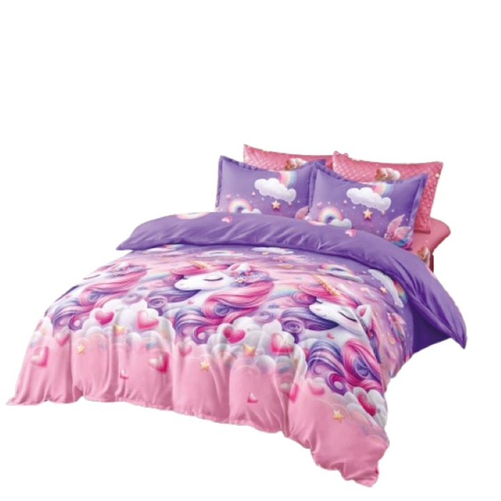 Lenjerie de Pat Dublu, Cearsaf Reversibil/cu Elastic, 6 piese, Imprimeu Animat Copii, Unicorn Elegant, 2 persoane, 180x200cm, Finet, Multicolor