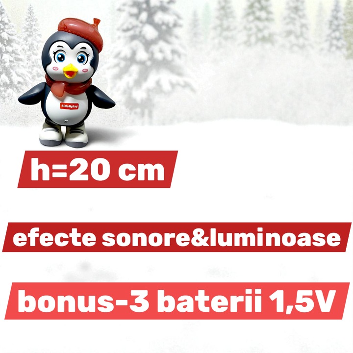 Pinguin dansator muzical kidsNplay, efecte sonore si luminoase, multicolor, 20cm