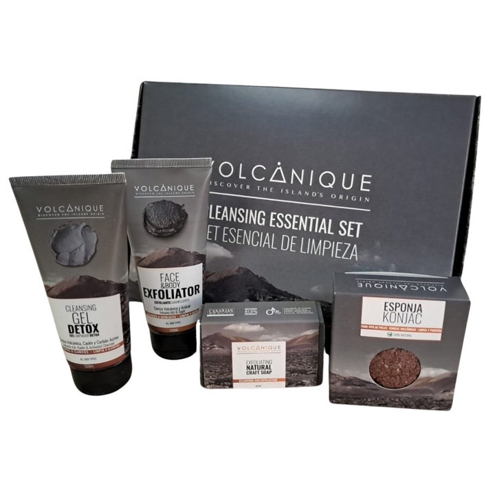 Set de îngrijire a pielii, Volcanique, Cleansing Essential, 4 piese, cu cenușă vulcanică, gel de curățare detoxifiant, scrub, săpun și burete konjac