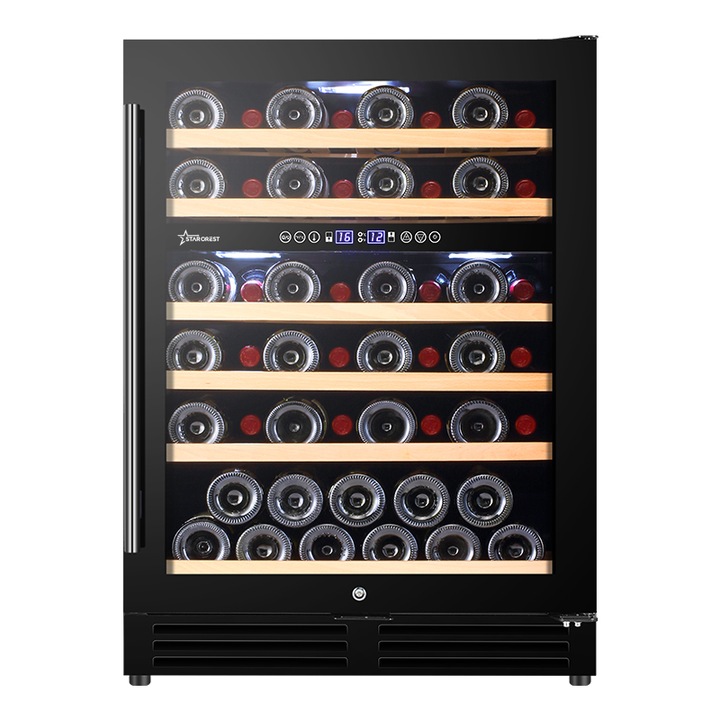 Vitrina de vinuri incorporabila STARCREST SWN-13851DZ, 138L, 51 sticle, Rafturi lemn de fag, 2 zone de racire, Control electronic, Display, Iluminat interior LED, H 82 cm, Negru