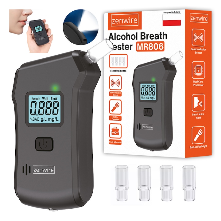 Profesional Alcool Tester Zenwire® MR806, Etilotest cu Mustiuc, Acuratete 0.01% BAC, LCD Digital, 4 Mustiuc-uri, Portabil, 0–200 mg/100 ml, 3× AAA, Unitati mg/100ml / %BAC / g/L / BAC, Negru, Constructie Durabila