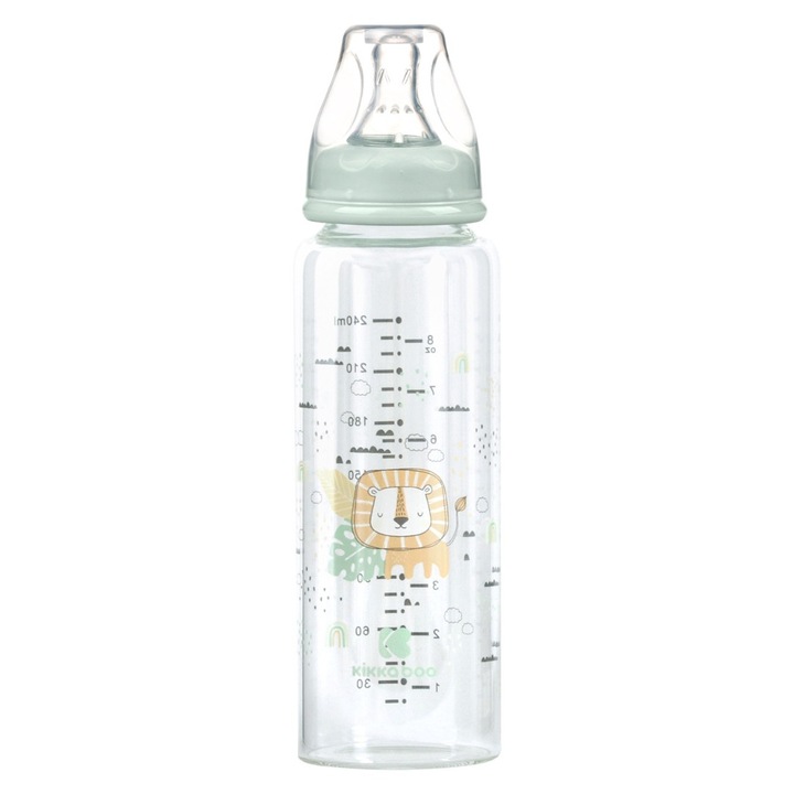Стъклено шише със силиконов биберон Kikka Boo Savanna Mint, 240мл, 3+ месеца, зелено