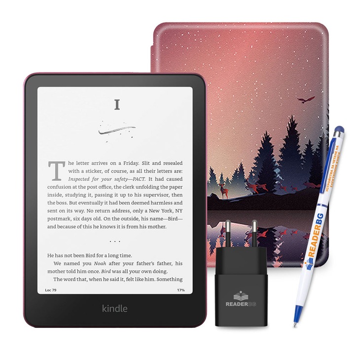 Комплект eBook четец Amazon Kindle Paperwhite 2024 (12th Gen), 32 GB, Дисплей 7", Розов, Калъф Залез, 4 части