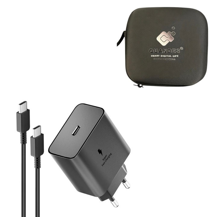 Incarcator super Fast Charge 45W PD usb C, T4510 compatibil cu Samsung S25, S24, S24, s23, 1 Cablu 1.8m USB-C - C 5A, Geanta de depozitare
