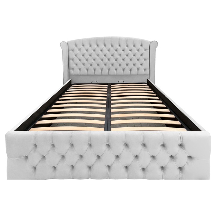 Pat dublu tapitat Massimo alb perlat cu spatiu de depozitare si somiera rabatabila, 180x200