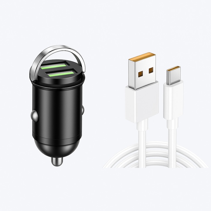 Adaptor auto 200W super fast charge, dual USB 100W+100W, cablu Type-C inclus, model compact negru