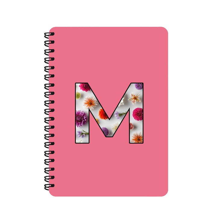 Agenda A5, Litera M, Design Floral, Coperta Mdf, Spira Metalica, 130 Pagini