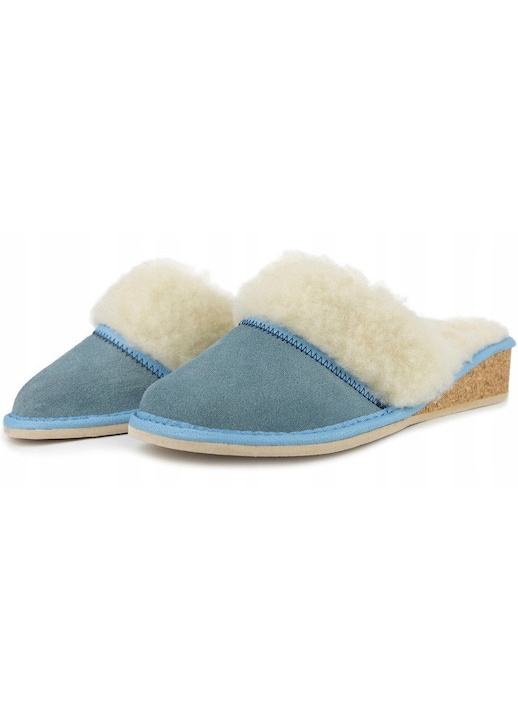 Papuci Caldurosi de Dama din Lana de oaie, Piele Naturala, TURCOAZ 39 EU, Papuci De Dama cu toc