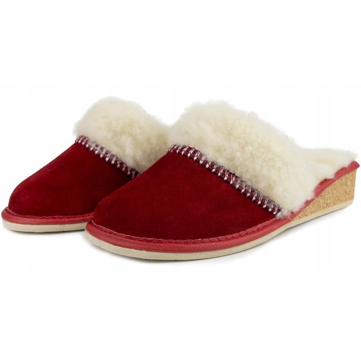 Топли дамски чехли от овча вълна, естествена кожа, ЧЕРВЕНИ 39 EU, Дамски чехли с ток