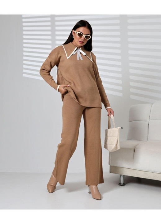 Compleu Tricot Femei, Doua Piese, Funda Alba, Maro