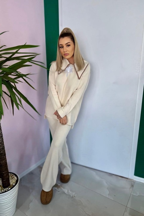 Compleu Tricot Femei, Doua Piese, Funda Alba, Alb Ivory