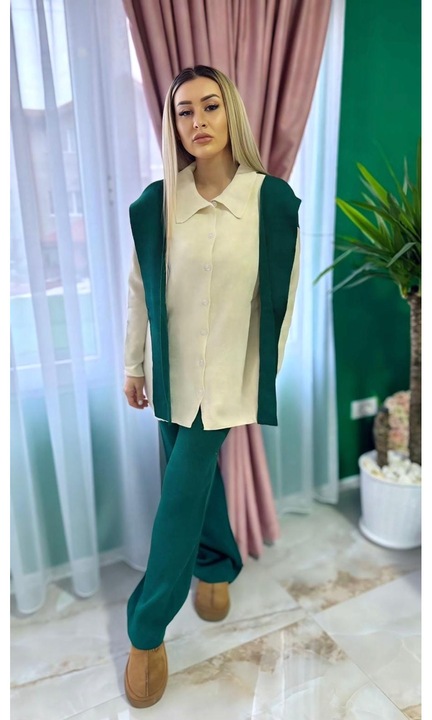 Compleu Tricot Femei, Doua Piese, Maneci, Verde/Alb