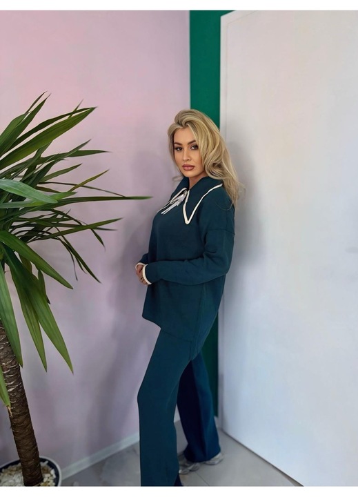 Compleu Tricot Femei, Doua Piese, Funda Alba, Verde