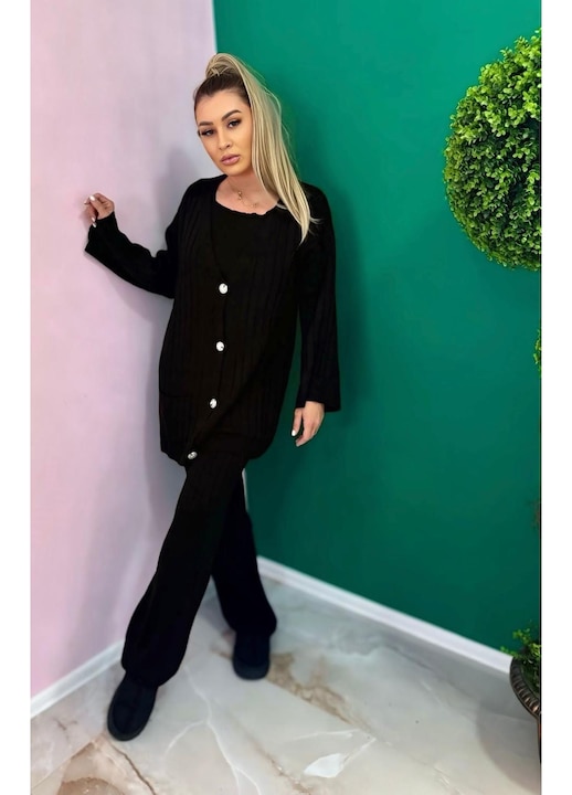Compleu Tricot Femei, Trei Piese, Nasturi, Negru