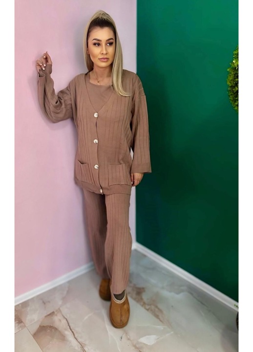 Compleu Tricot Femei, Trei Piese, Nasturi, Roz Pudra