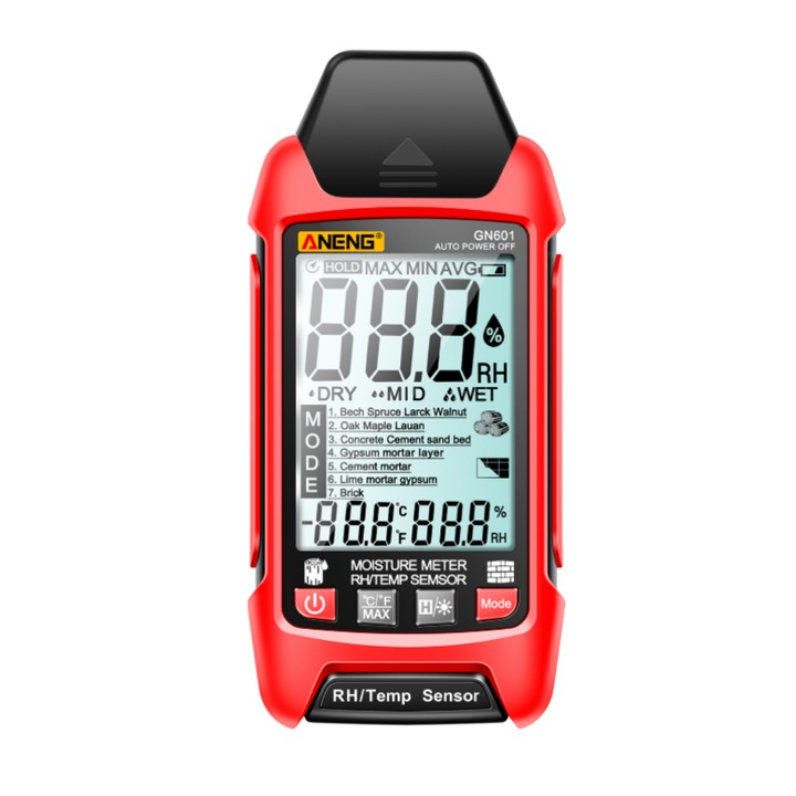 Detector umiditate, higrometru, Aneng GN601, 7 tipuri de materiale, temperatura -20~60℃, RH 0~99.9%