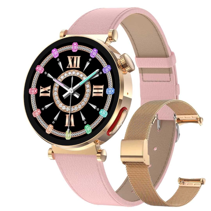 Ceas Smartwatch dama LUMAUDiO® Pulsara cu monitorizare tensiune arteriala si 2 curele incluse, AURIU/ROZ