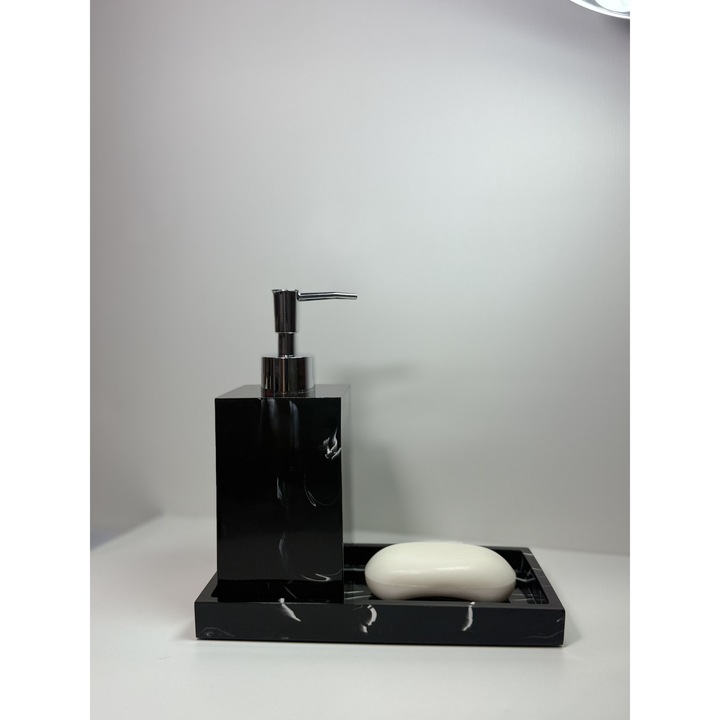 Set recipient de sapun lichid 450mL si suport sapun solid din ceramica, Negru