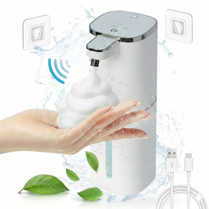 Dispenser Automat Sapun Spuma ELMOSMART® P20, 400ml, Fara Atingere, Senzor Infrarosu, 4 Niveluri Reglabile de Dozare, Incarcare USB-C, Indicator LED, Rezistent la Apa IPX5, Design Compact, Igienic, Baie, Bucatarie, Hotel, Restaurant, Alb