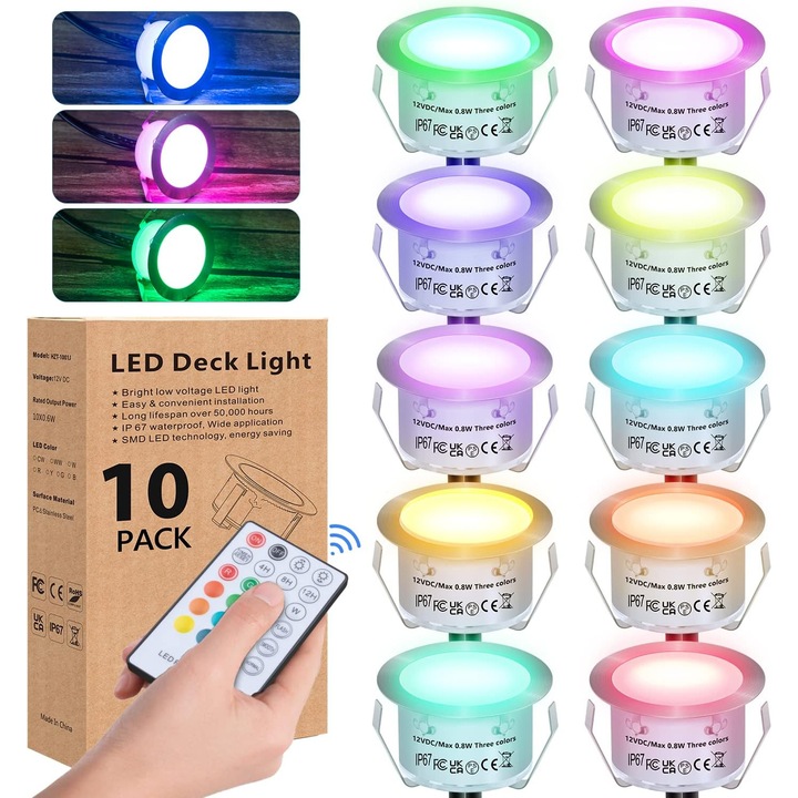 Set de 10 spoturi RGB LED, ORBER, Lumina de exterior incastrata in sol, cu schimbare de culoare, luminozitate reglabila, rezistenta la apa IP67, cu telecomanda, 12V, Alb