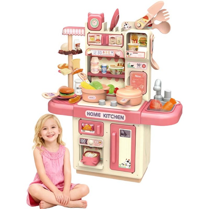 Bucatarie cu lumini pentru copii,33 buc, Ustensile bucatarie simulate, Robinet apa, Frigider, Cuptor, Espressor, Educatie timpurie, Mancare simulare, FARA BPA/PLUMB, Suprafata neteda, Potrivit 3+ ani, Cadou Craciun/Halloween/Thanksgiving/An Nou/Nastere