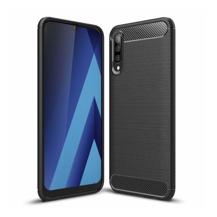 Mat-Tech védőtok Samsung Galaxy A50 / A30s / A50s készülékkel kompatibilis, szén textúra, matt felület, ütésálló, ütésálló, fekete