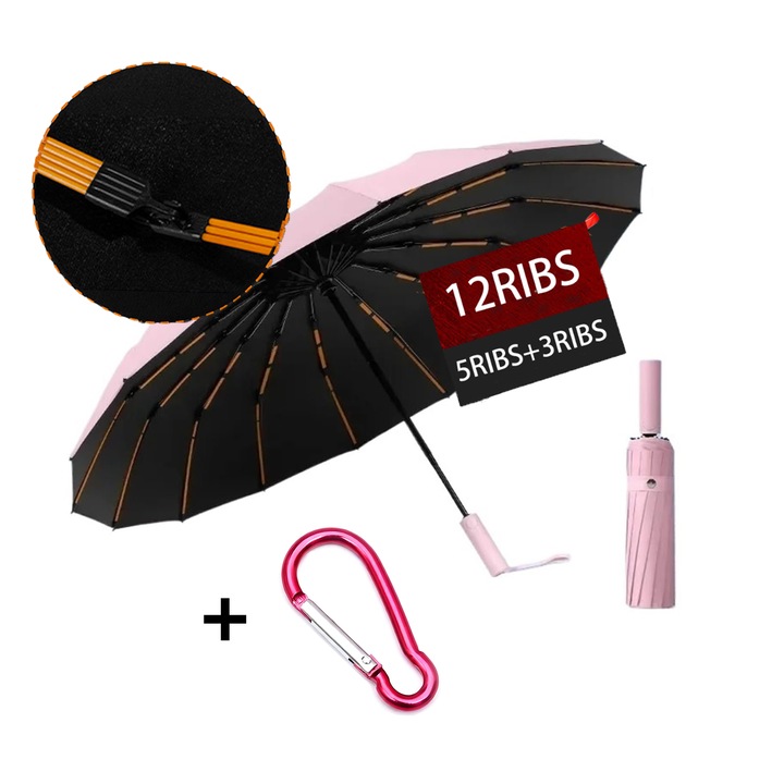 Umbrela compacta automata cu husa, rezistenta la vant si protectie UV, 12 spite ranforsate, material hidrofug, cadru din otel si fibra de sticla, diametru 108 cm, roz+carabina cadou