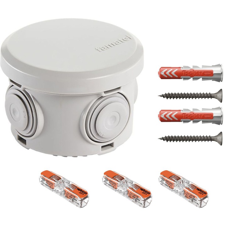 Doza de derivatie aparenta, Cutie conexiuni cu presetupe IP65 Famatel 3025, cu 4 intrari, 74x50mm dotata cu cleme Wago 221-2411 3 buc si dibluri Fischer DuoPower 6x30 2 buc
