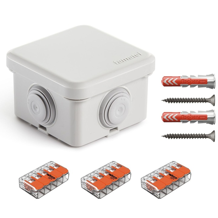 Doza de derivatie aparenta, Cutie conexiuni cu presetupe IP65 Famatel 3026, cu 4 intrari, 65x65x45mm dotata cu cleme Wago 221-415 3 buc si dibluri Fischer DuoPower 6x30 2 buc