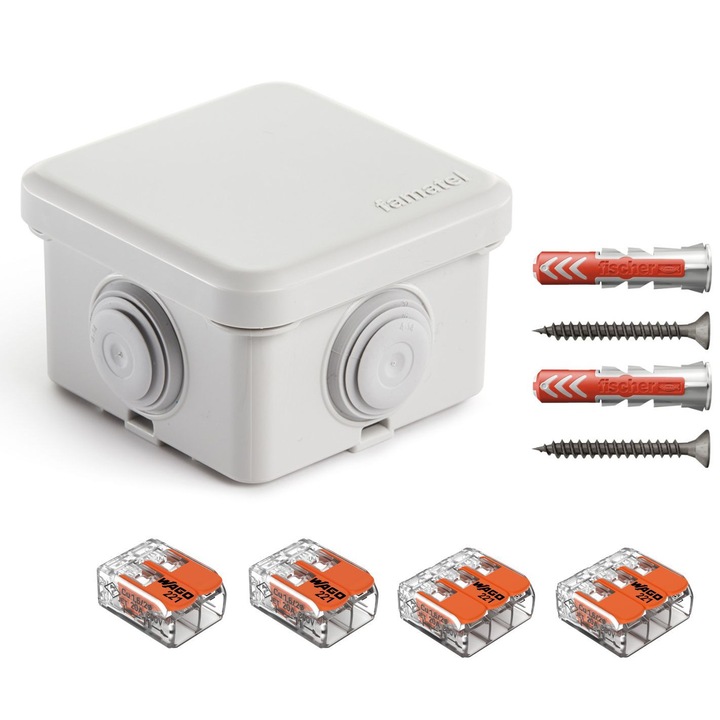 Doza de derivatie aparenta, Cutie conexiuni cu presetupe IP65 Famatel 3026, cu 4 intrari, 65x65x45mm dotata cu cleme Wago 221-412 2 buc 221-413 2 buc si dibluri Fischer DuoPower 6x30 2 buc