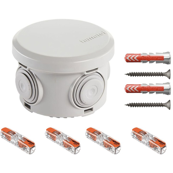 Doza de derivatie aparenta, Cutie conexiuni cu presetupe IP65 Famatel 3025, cu 4 intrari, 74x50mm dotata cu cleme Wago 221-2411 4 buc si dibluri Fischer DuoPower 6x30 2 buc