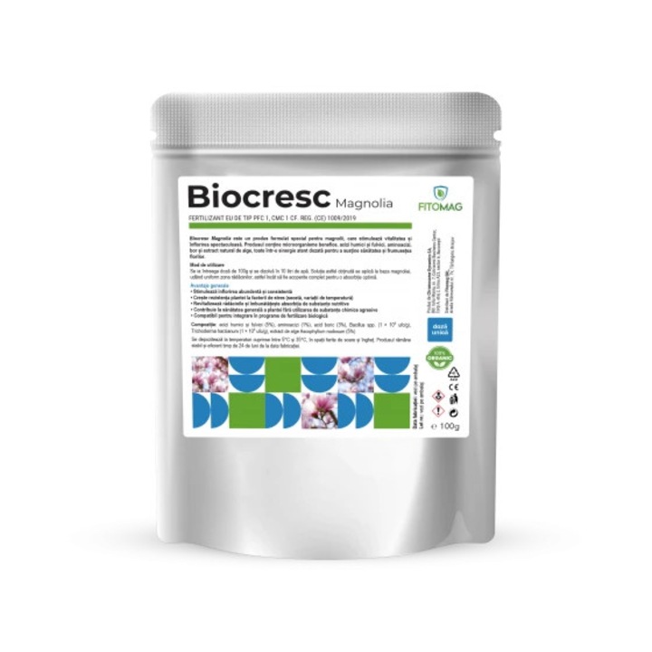Biostimulator natural pe baza de acizi humici si fulvici, aminoacizi, bor si extracte naturale de alge, Biocresc Magnolia, 100 g