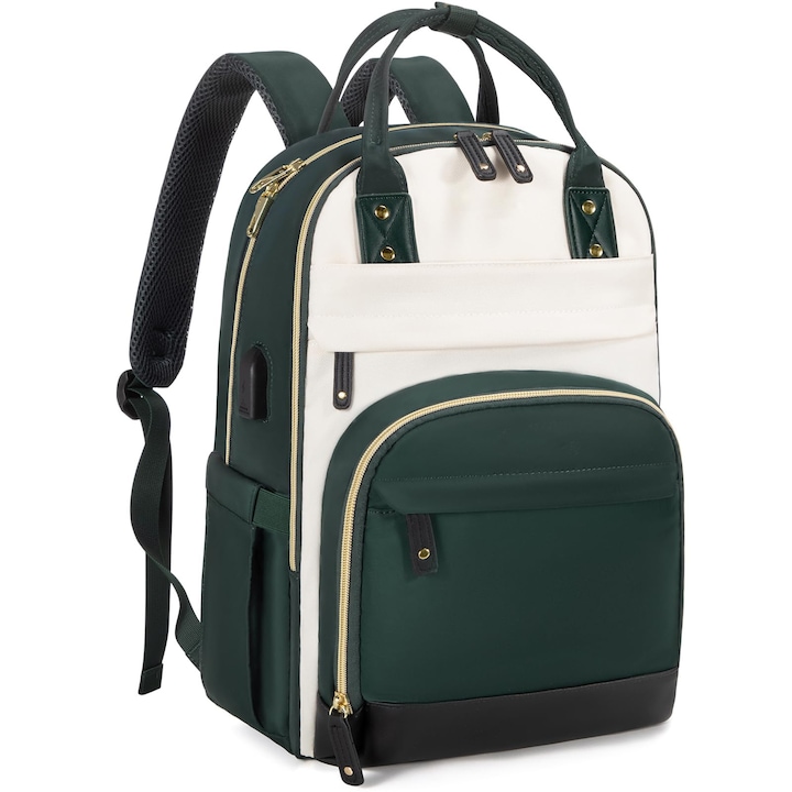 Rucsac multifunctional de calatorie, ORBER, port de incarcare USB, cu 26 de buzunare, geanta si rucsac cu dubla utilizare intr-un singur produs, Potrivit pentru laptopuri de 15,6 inci, 30x20x40cm, Verde/Bej