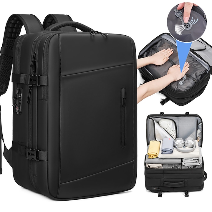 Rucsac Voiaj cu Vacuum, Multifunctional, Impermeabil, Extensibil, Cifru Anti-Furt pentru Laptop, Impermeabil Rezistent la Apa, Buzunare Multiple, Ghizdan Calatorii, Bretele Reglabile si Respirabile, Capacitate 35-60 L, Negru, Alikommerce AK