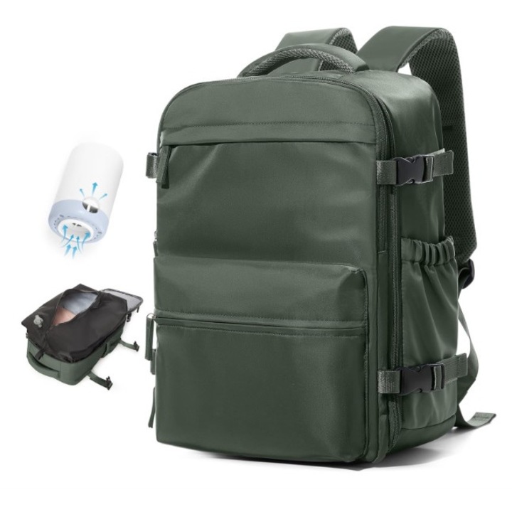 Ryanair/Wizzair utazó hátizsák vákuummal, beépített elektromos pumpával, kézipoggyász, multifunkcionális, vízálló, több rekesszel, 60 L, laptoptartó, légáteresztő és tágas, 40*20*25 cm, zöld