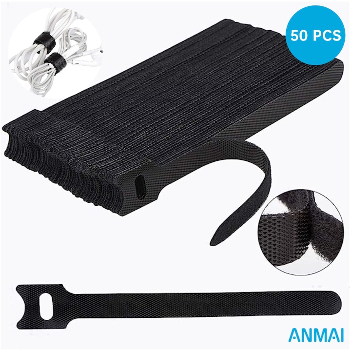 Комплект 50 велкро ленти, Anmai, многократни кабелни връзки, регулируеми кабелни ленти, органайзер за кабели, 12*150 мм, черен