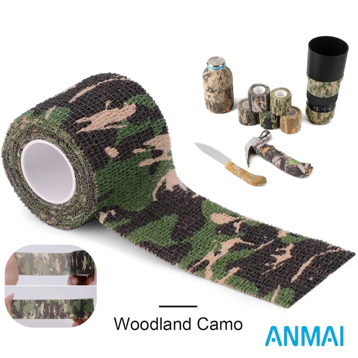 Bandaj Autoadeziv Camuflat Anmai, Banda de Protectie Rezistenta la Uzura, Bandaj Elastic Multifunctional pentru Vanatoare, Militar, Sporturi Externe, Ciclism, Arme, Lanterne, 5cm x 4.5m