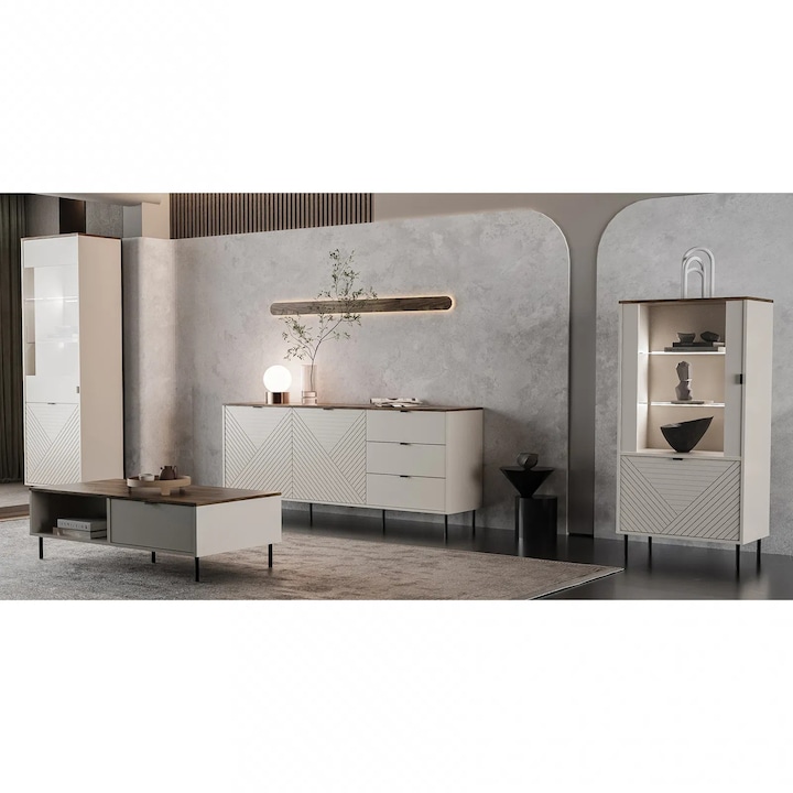 Set Living Expomob EVO, 4 piese, 2 vitrine, comoda, masuta cafea, dimensiuni 315x40x135 cm, culoare casmir + stejar castello