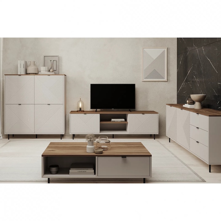 Set Living Expomob EVO, 4 piese, comoda TV, comoda, biblioteca, masuta cafea, dimensiuni 490,2x40x135,2 cm, culoare casmir + stejar castello