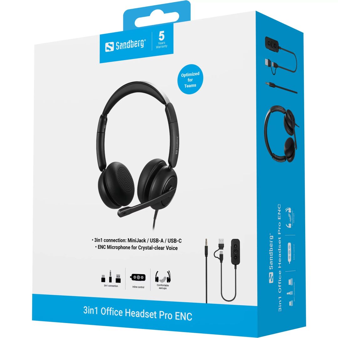 Casti cu fir Sandberg 3in1 Office Headset Pro ENC, microfon, negru, 1.2m