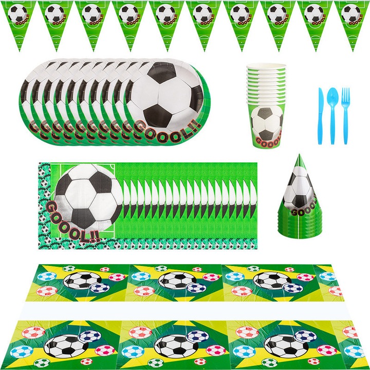 Set decoratiuni petrecere fotbal, farfurii, servetele, cupe, banner si fata de masa