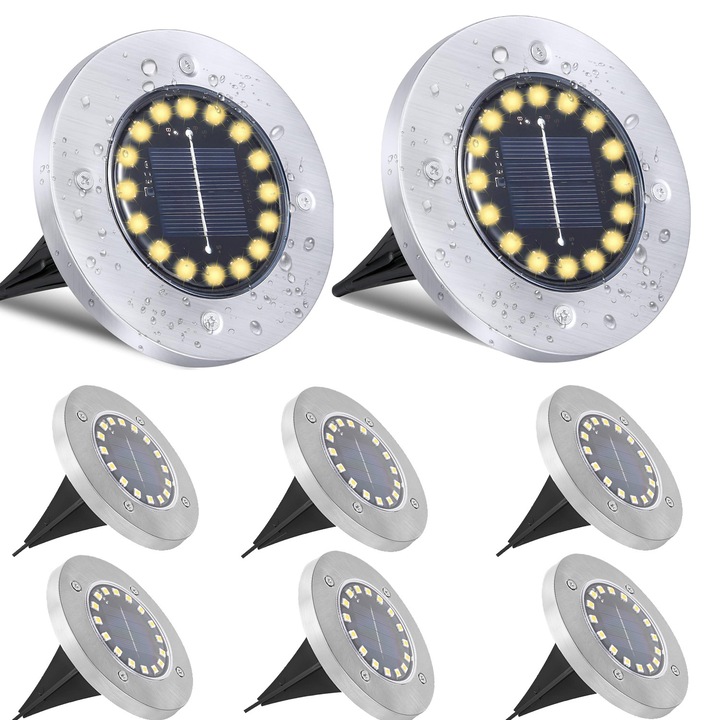 8 lumini de podea solare in aer liber, 16 lumini, culori calde, lumini de disc cu panouri solare actualizate, pentru gradina, gazon, coridor, piscina, decor terasa