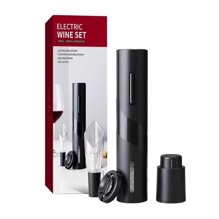 Set tirbuson electric Leccik, 5 in 1, negru, include dop, aerator, accesoriu taiat folie, 240x5.5x9cm