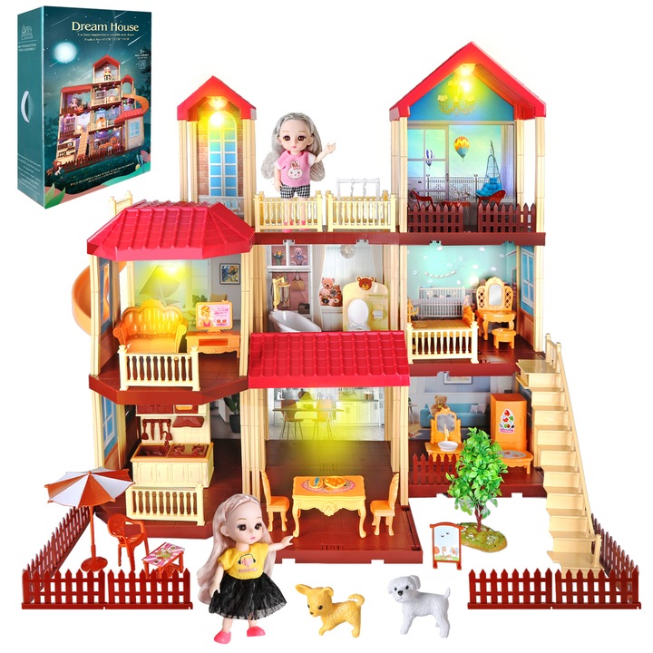 Casa de papusi cu lumini, 4 etaje, 13 camere, mobilier unic, multicolor, 24x20x26 inch