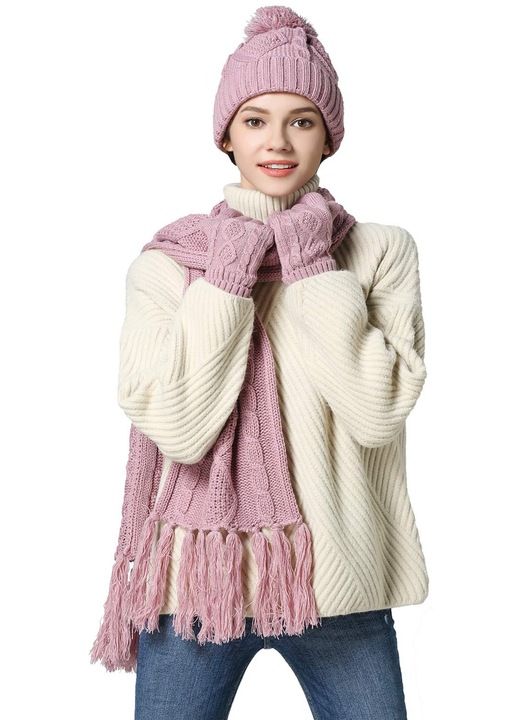 Set 3 in1 Caciula cu Pompon, Sal si Manusi pentru Ecrane Touch, Roz, Universal