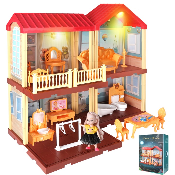 Casa de papusi cu 1 printesa, mobilier si accesorii - Casa de vis multicolora cu 5 camere si gradina, set pentru fetite 2-7 ani