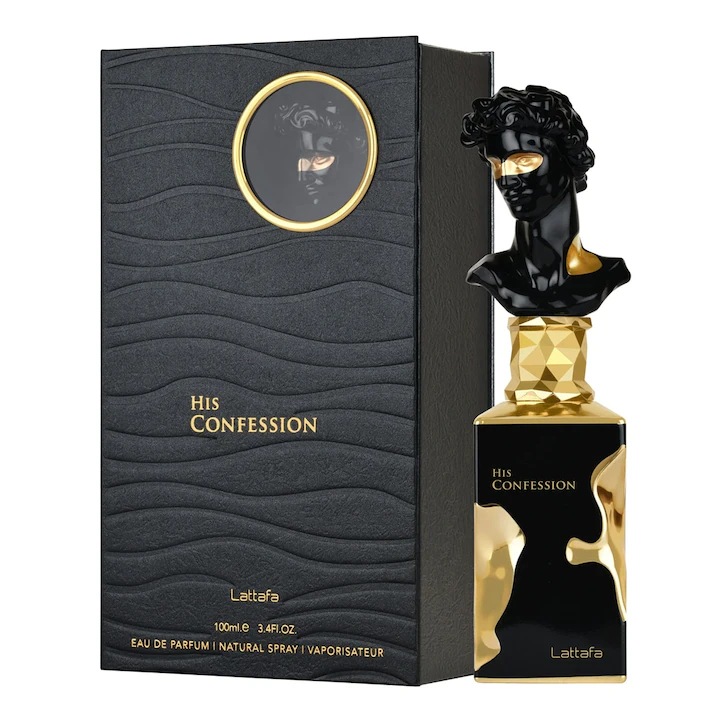 Parfum barbatesc Lattafa His Confession, capac sculptural negru si auriu, design luxuos