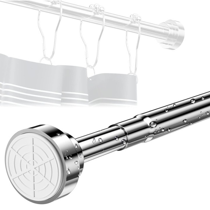 Щанга за душ завеса, BOMSTOM, разтегателна 68-200 см, фиксиране с предварително опъната пружина, без пробиване, противоплъзгащи вендузи, Неръждаема стомана, Сребро