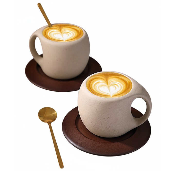 Cana de cafea Gorielden, set 2 cani, ceramica vintage, crem/maro, 250ml, inclusiv suport din lemn